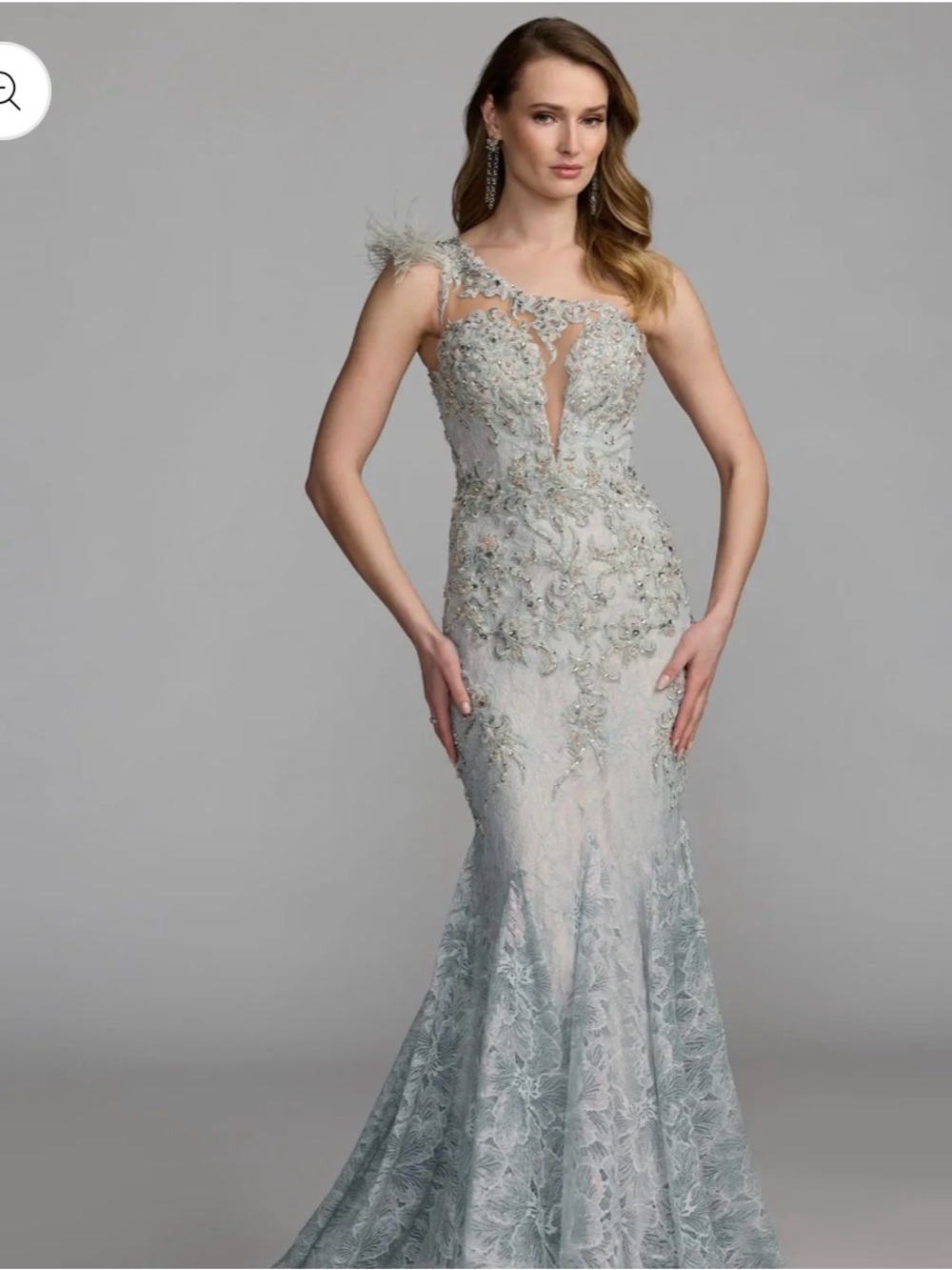 Mac Duggal Blue Embellished Lace One-Shoulder Maxi Gown